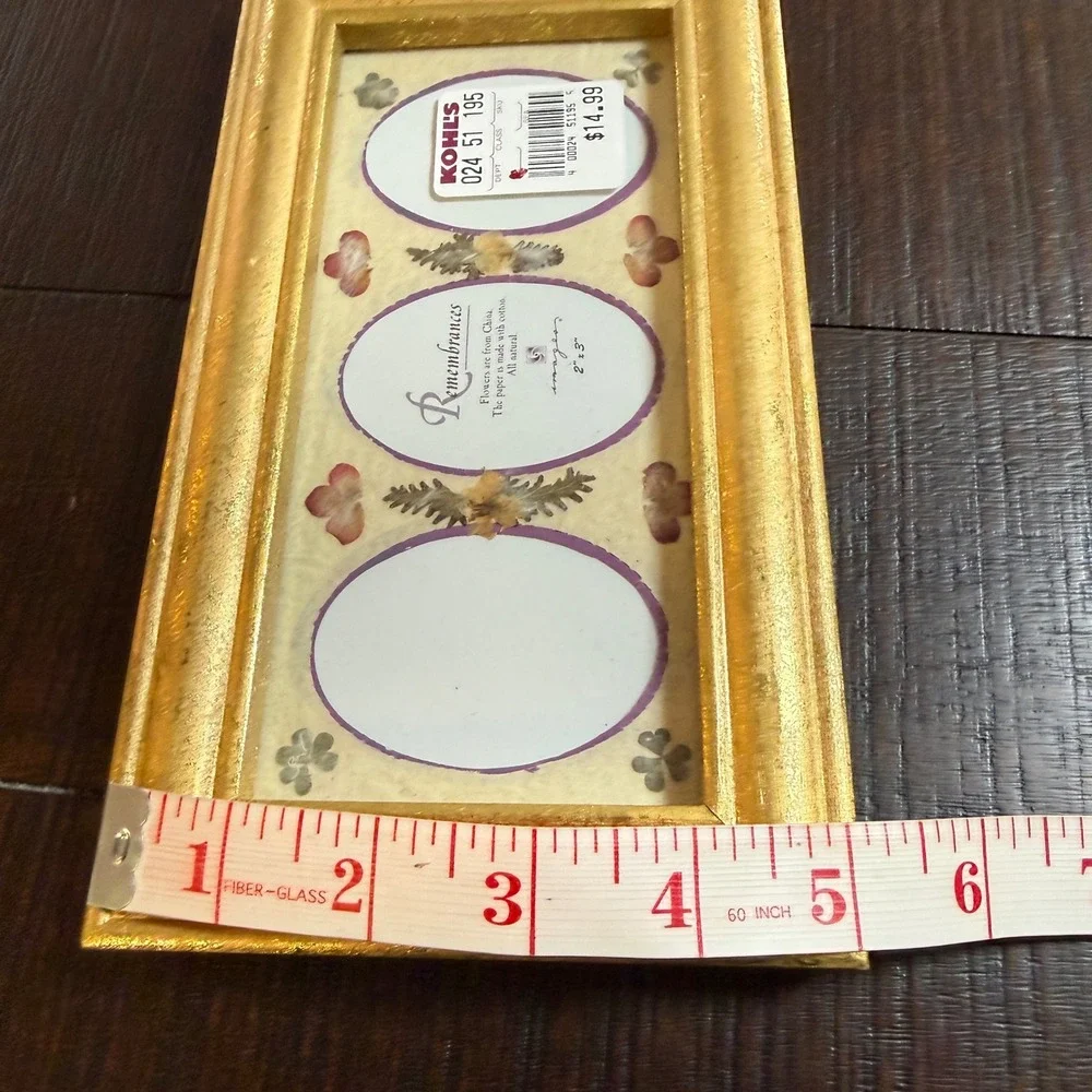 Vintage Gold Triple Oval Photo Frame Pressed Flowers 5x9 Table Top Cottagecore
